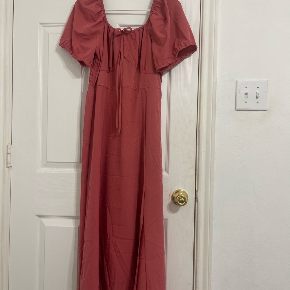 SHEIN Pink Smocked Tie Front Maxi Dress